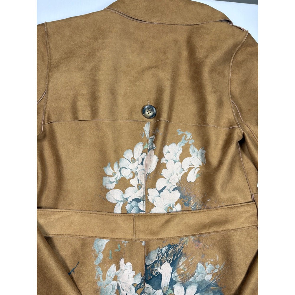 Chico's Scuba Suede Trench Coat Floral Tiger Print Brown Size 00 XS New Artsy - Picture 12 of 16